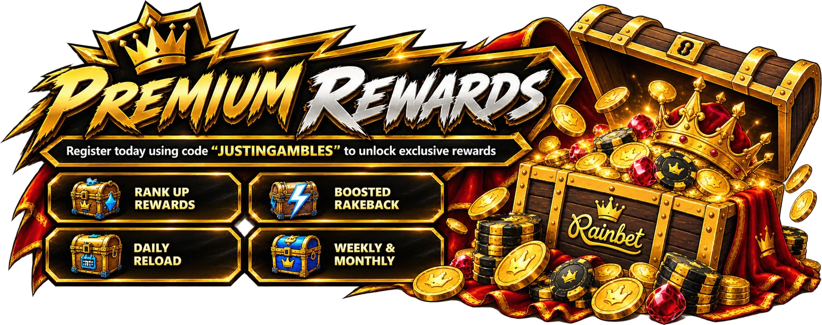 Premium Rewards — register today using code JUSTINGAMBLES to unlock exclusive rewards: Rank Up Rewards, Boosted Rakeback, Daily Reload, Weekly & Monthly